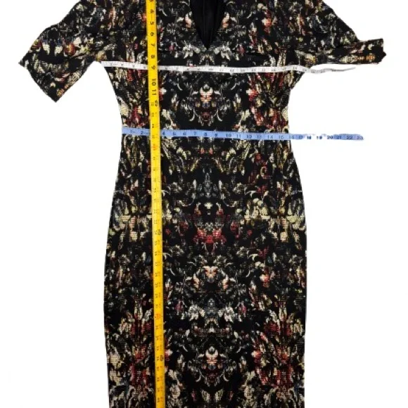 Maggy London Black Abstract Baroque Bodycon Midi Dress Mock Neck Cutout Sz10 NEW - Picture 15 of 16